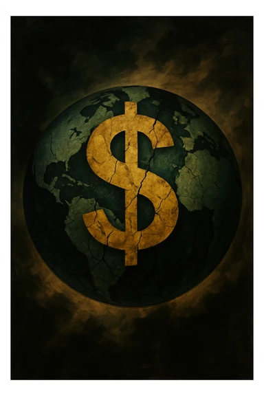 A globe with a dollar sign, representing a global monetary crisis, detailed, symbolic, impactful sticker