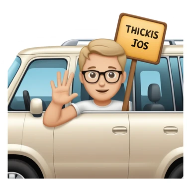 White guy with glasses in a big suv with a sign that says Thiccies  sticker