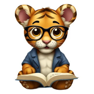 Baby tiger with glassess and reading book sticker