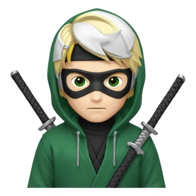 Green ninja Lloyd garmadon blonde hair, kaptur hoody on his head but blonde grzywka visible; the bottom left one is best (the one without miecze + black band + no mask of face) but add miecz; I want no band on head ; I don’t want any band on forehead sticker