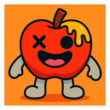 vibrant-toon style apple plush character, light grey arms and legs, left eye is an X, yellow ichor dripping from stem, big smiling mouth, no leaf sticker