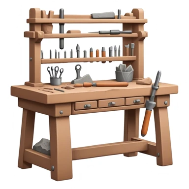 Cinematic Realistic image of a workbench set with a lump of pliable clay and artisanal sculpting tools, rendered with finely detailed textures that reveal subtle clay particles and well-worn tool surfaces, bathed in warm, focused studio lighting sticker
