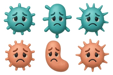 EMOJI STILE IPHONE DI 3 BATTERI INTESTINALI di forme diverse turchesi tristi e 3 batteri intestinali rosa salmone tristi CHE FLUTTUANO IN ARIA IPERREALISTICO 4K sticker