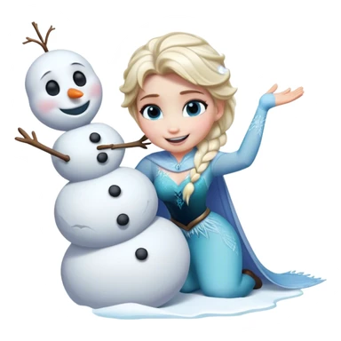 Cinematic Funny Elsa Portrait Emoji, Making a tiny snowman in her hands with a proud grin, looking smug as it dances, an unexpectedly hilarious moment of icy creativity! sticker