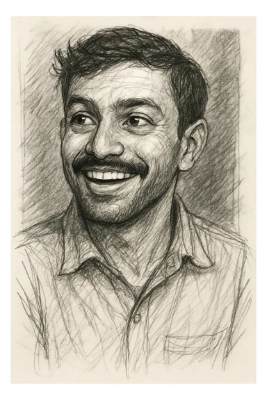 Add a shaped, slight stubble beard to the smiling, curious Indian young man with a moustache, keeping the hand-drawn pencil sketch style. sticker