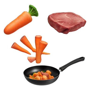 mushroom, carrots steak pieces   in pan in air, tossed in the air  sticker