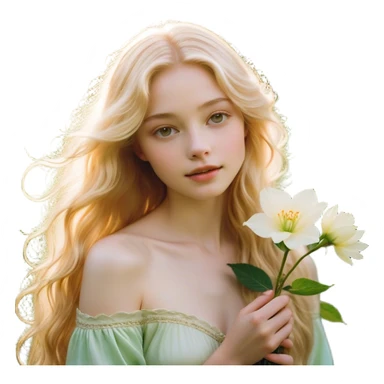 Cinematic Realistic Rapunzel Portrait, with porcelain-like skin featuring a subtle, natural glow, illuminated by soft lighting that brings out the gentle contours of her face. Her long, golden blonde hair cascades in detailed waves, each strand highlighted with a radiant shimmer as it catches the light. She playfully holds a flower in one hand, her other hand resting casually in her lap, with a warm and spirited expression. Her bright, expressive green eyes exude curiosity and warmth, framed by delicate lashes and soft, arched brows. She is dressed in her classic lavender and pink gown, the fabric textured with delicate folds that flow naturally, catching the light with a soft, radiant glow. The portrait captures a luminous, enchanting aura, seamlessly blending realism with a whimsical, fairytale charm, evoking a timeless sense of beauty and magic. sticker