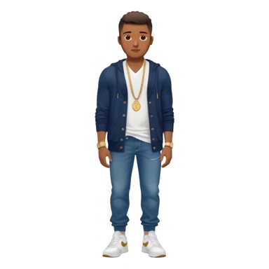 Handsome Black guy with brown skin tone, with muscular build, wearing long baggy dark denim jeans, a white t-shirt, a Burberry cardigan, white Nike sneakers, a gold watch, and a dainty chain sticker
