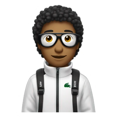 Un garçon blanc qui porte das lunettes de ski, il a les cheveux noirs et un survetement de lacoste sticker