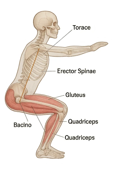 side view of a human figure performing a squat, with transparent overlays showing the skeletal structure. A straight line or highlighted axis connects the pelvis (bacino) and the ribcage (torace), demonstrating correct alignment. Key muscles involved in maintaining posture are labeled. Clean, educational style, white background. sticker