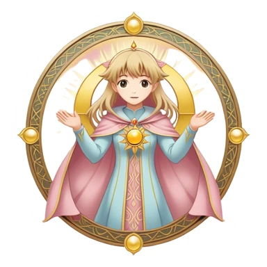 magical tarot-like card inspired by the Clow Cards from Cardcaptor Sakura. The card has ornate golden borders, a sun or moon symbol at the top, and a mysterious illustration in the center. The background is a soft, enchanted pastel tone. sticker