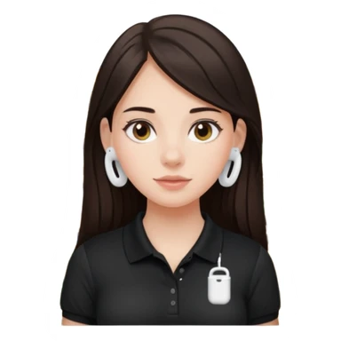 Girl with long dark brown hair with airpods wearing a black wegmans grocery store polo sticker