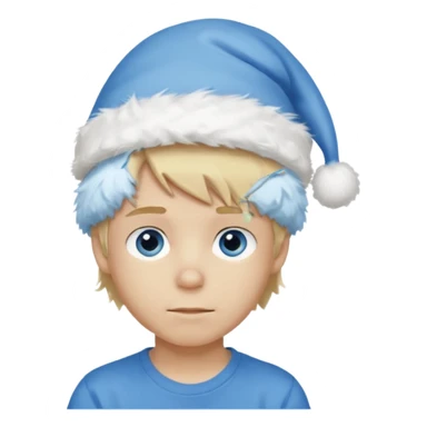 create boy blonde hair long messy, light eyes, white t shirt, rich, long hair, eyes blue, acessory head cristimas blue hat, fluffy hair medium long sticker