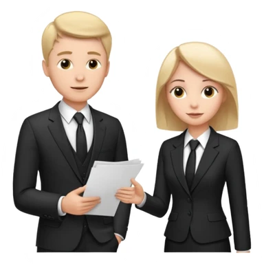 white man in formal suit talking to white woman in formal suit, they sit, papers in hands sticker