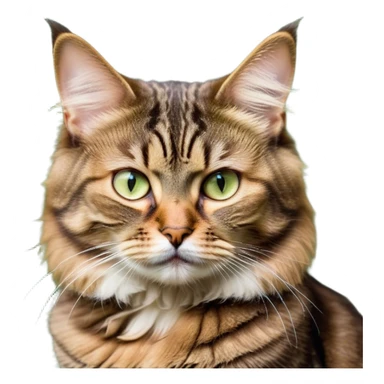 Cinematic Meme-Worthy Grumpy Brown Tabby Cat Portrait Emoji, Head held high but eyes filled with dramatic disappointment, fluffy brown fur with striking tabby markings, signature M-shaped forehead furrowed into an unmistakable scowl, large ears slightly angled back in disapproval, piercing golden-green eyes glaring with pure exasperation, Simplified yet hilariously over-exaggerated features, highly detailed, glowing with an aura of supreme annoyance, high shine, exhausted yet judgmental, stylized with an almost regal pettiness, bright but brooding, soft glowing outline, capturing the essence of a feline that has seen it all and is thoroughly unimpressed, so meme-worthy it feels like it could instantly become the next viral sensation of grumpiness! sticker