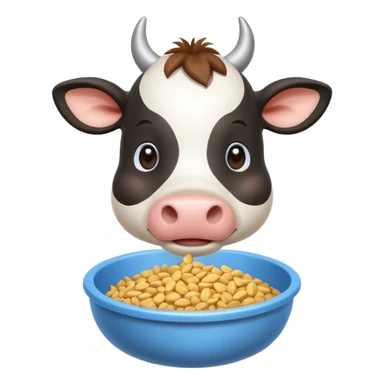 cute cow eating animal feed, hay and grains in a feeding bowl, 3D cartoon, mobile game icon style, clean background, no text, no watermark
 sticker