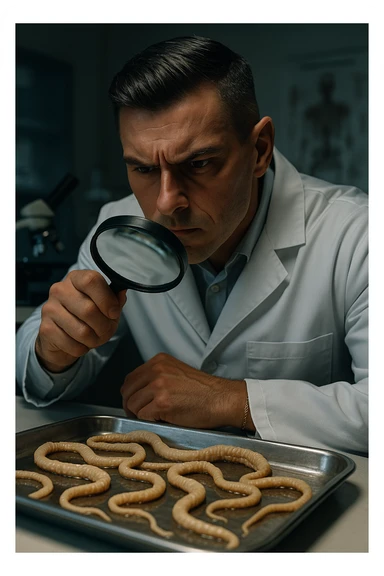 A middle-aged male kinesiologist wearing a pristine white lab coat, intensely analyzing long, beige tapeworms (like Taenia) under a magnifying glass. His expression is focused and slightly concerned, with dramatic studio lighting casting sharp shadows. The parasites are highly detailed, moist, and textured, stretched across a sterile metal tray. The background is blurred but suggests a clinical environment—hints of a microscope, medical charts, and clean lab equipment. The style is hyper-realistic, with a cinematic contrast between the bright white coat and the grotesque, organic forms of the parasites. No sci-fi elements, just raw medical realism with a disturbing edge sticker