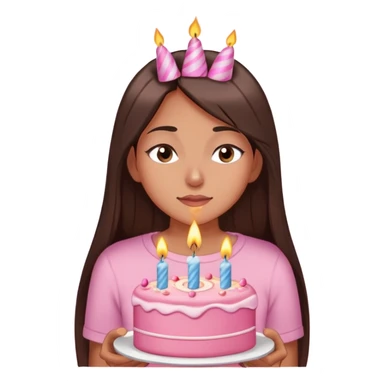 A woman with long dark straight  brown hair, brown eyes,wearing a cute top, eyes closed, blowing out a birthday candle on pink cake while making a wish.” sticker