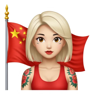 sexy nude and very muscled asian chinese girl, asian hair, asian sexy eyes, makeup, chinese nude sexy girl, sexy butt, sexy boobs, floral tattoes, flag of china, flexing sticker
