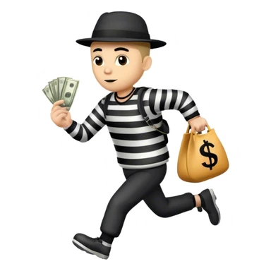 A robber in a striped outfit running facing to the right holding a money bag with a dollar written on it. He is wearing a black robbers hat and has black trousers on. sticker