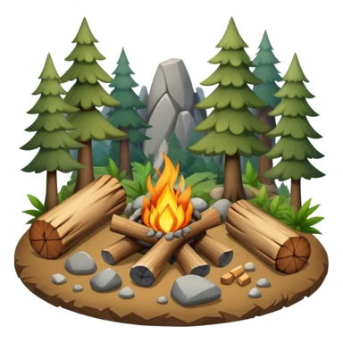 bushcraft campfire with stones, logs for sitting, in forest setting sticker