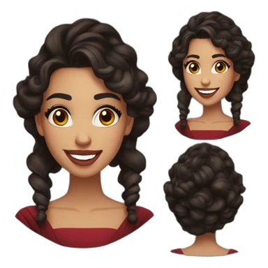 young moroccan woman with dark brown eyes, brown long curling hair with lighter tips, red lips, big smile, cleavage black dress sticker