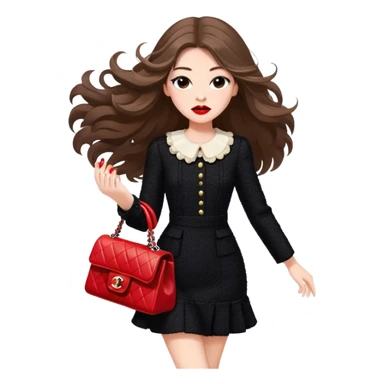 White girl with brown long hair dressed up in black chanel tweed dress carrying a red chanel bag and wearing red lipstick. Close up shot with wind blowing her hair looking fancy sticker