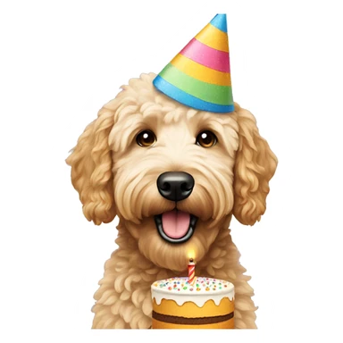Golden doodle with birthday hat eating birthday cake  sticker