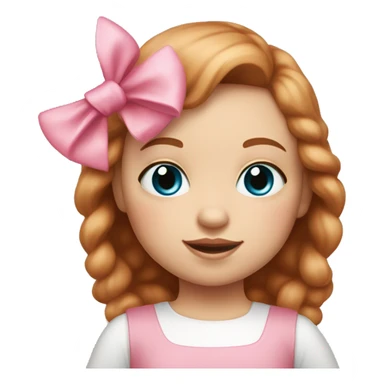 Little Girl with White skin, blue eyes. Light brown and red hair with pink bows.  She is wearing a pink and White dress, standing and holding on to a teddybear with a pink bows. sticker