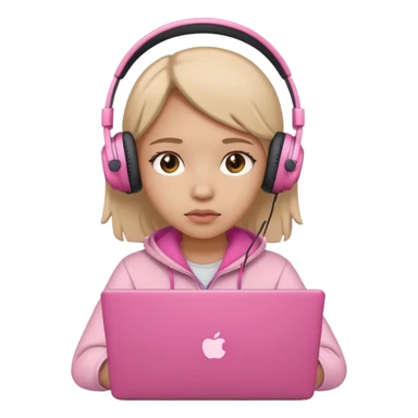 a girl with a pink laptop with headphones, color outline icon style, looking sad sticker