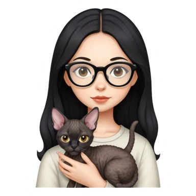 A girl with long black hair and glasses holding a Devon Rex sticker