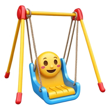 iOS-style 3D emoji: a colorful plastic swing with a safety bar in front, hanging from two ropes, glossy surface and soft shadows sticker