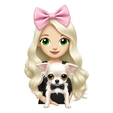 pale blonde girl with long platinum white wavy hair with bright green eyes and wearing a light pink hair bow holding a black and white long haired chihuahua puppy also wearing a hair bow sticker