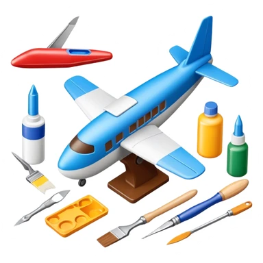 photorealistic icon featuring model-building tools like glue, paint, paintbrushes, pieces of a plastic model airplane in the process of being assembled. The design includes detailed textures of the model pieces and tools, capturing the focus and creativity of model building. Transparent background. sticker