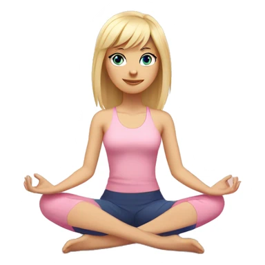 blonde with bangs and blue eyes yoga girl light pink clothes sitting on yoga mat sticker