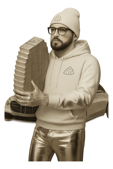 Edit the image by placing a Maybach car behind the person. Ensure the person's skin tone is clearly white as requested. Change the pants to white sweats and make all clothing white. Keep the chrome effect on everything except the realistic money, which should not have the chrome effect. Maintain the transparent background and all previous details including the black goatee and facial hair, white Louis Vuitton beanie, Cartier glasses. Replace the AMG logo with Maybach. Preserve the overall style and details from the original image. sticker