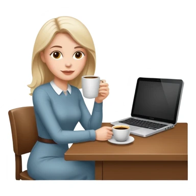 mujer blanca tomando cafe y con un computador sentada en una mesa  sticker