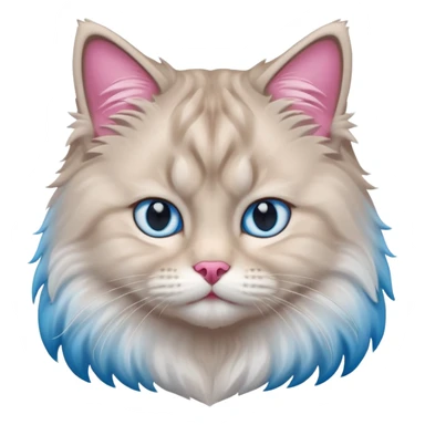 Fluffy Siberian cat face emoji, white and grey long hair, bright blue eyes, pink nose, friendly expression, 3D vector style, isolated on white background. sticker