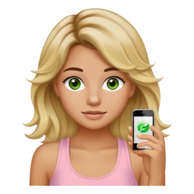 ca you make her hair a 20-year-old girl with long wavy hair brown roots blonde highlights green eyes brown eyebrows good summer tan iPhone emoji style with light pink tank top can you make her hair a little longer please sticker
