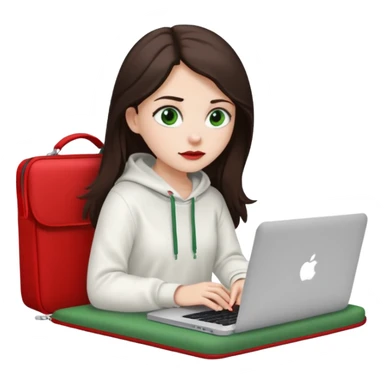 Long dark brown haired, white skinned, dark green eyed girl in white clothes girl sitting in macbook with a red case and watching to macbook sticker