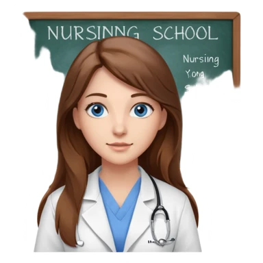 inside a classroom at university that says nursing school on the board with a pretty female nursing student with long brown hair, blue eyes sticker
