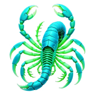 3D render of Radioactive Scorpion, bioluminescent deep sea style, glowing neon blue and green lights, dark background to contrast the glow, translucent organic textures. sticker