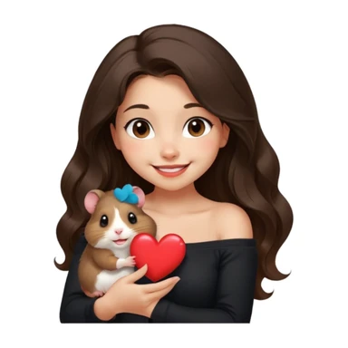 clean modern emoji of a young woman with medium skin, long wavy dark brown hair, black off-shoulder top, soft friendly smile, expressive warm eyes, pet hamster perched on her shoulder winking and holding a tiny red heart, cheerful charming confident style, subtle gradient background sticker