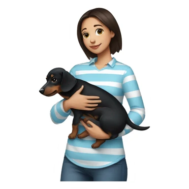 brunette girl with a light blue and white striped shirt holding a black dachshund puppy in her arms sticker