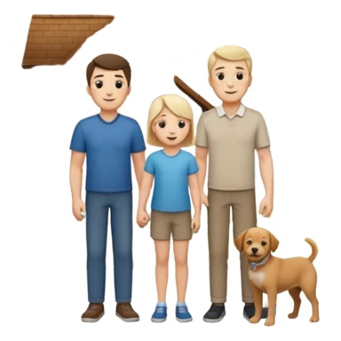 1 Father 1 Mother and 1 young boy who is half as tall as the parents, standing in front of their house with a dog next to them sticker