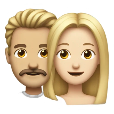 Woman with shoulder length blonde hair and a man with a brown hair and large mustache sticker