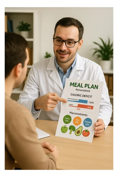 a nutritionist sits at a desk with a client, showing a personalized meal plan and a chart that clearly displays the client’s specific daily caloric deficit. The nutritionist points to the chart, which includes recommended calories, macronutrient breakdown, and healthy food options. The mood is professional, supportive, and educational. in italiano sticker