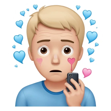 anxious man with wide worried eyes and slightly frowning mouth overthinking with sweat drops, a cracked heart symbol nearby, holding a phone in hand, body posture tense and reaching forward showing fear of abandonment, minimal soft rounded design with gentle blue and pink colors sticker