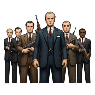 Vintage noir poster with Don Corleone surrounded by gangsters holding Thompson submachine guns. Dark and moody atmosphere with shadows, suits, and a mysterious vibe. Background features New York skyscrapers, adding to the gritty, classic gangster film feel. Transparent background. sticker