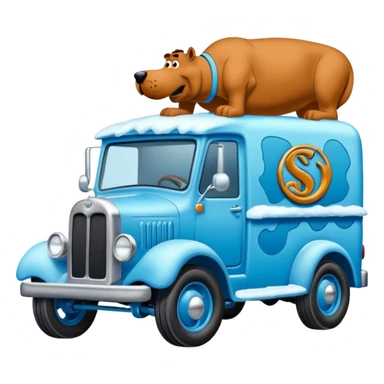 The Flintstones shiny crushed-dark-ice-blue frozen Scooby Doo 1912 antique long-wheelbase snub-nose off-road moving truck  sticker
